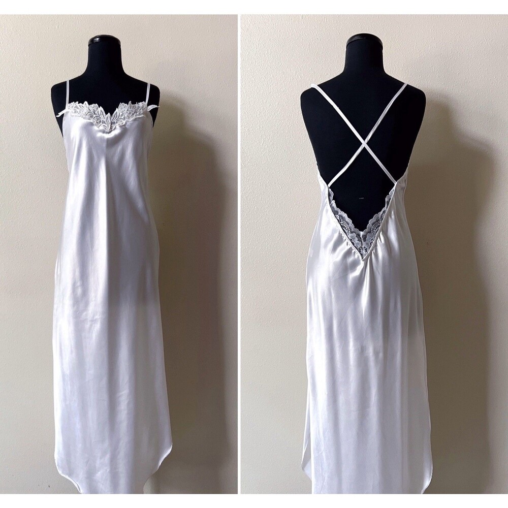 VTG Faris White Satin Slip Dress Large Maxi Open Back Bridal Lingerie 90s USA
